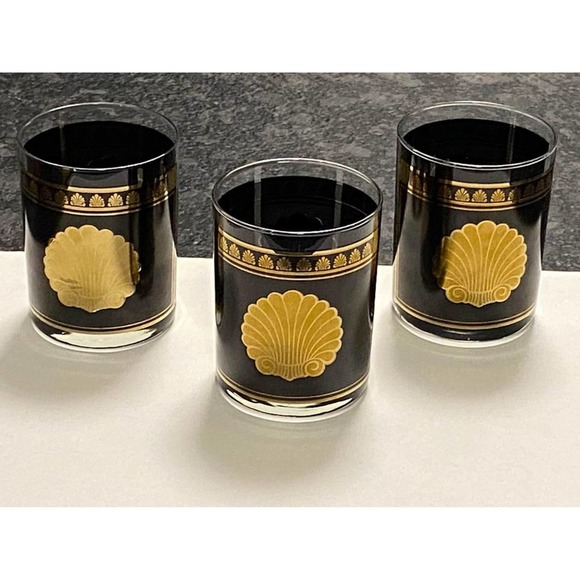 Georges Briard Signed Mid-Century 22-Karat Gold Sea Shell Rock Glasses Set of 3 - Picture 1 of 10
